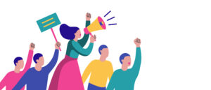 a flat style illustration of a protest scene featuring a woman with a megaphone, and a group of activists holding signs and raising fists, with a copy space. ideal for websites, articles, posters.